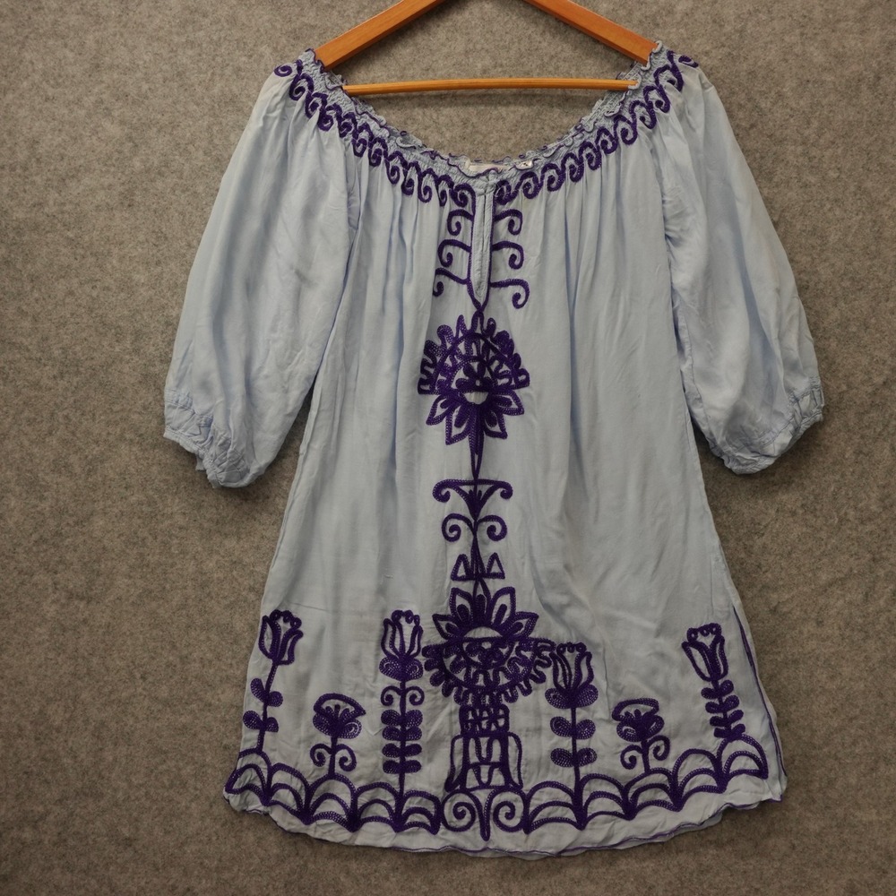 Y2K Cottage Boho Tunic Dress POUPETTE St Barth Womens S Blue Resort Embroidered